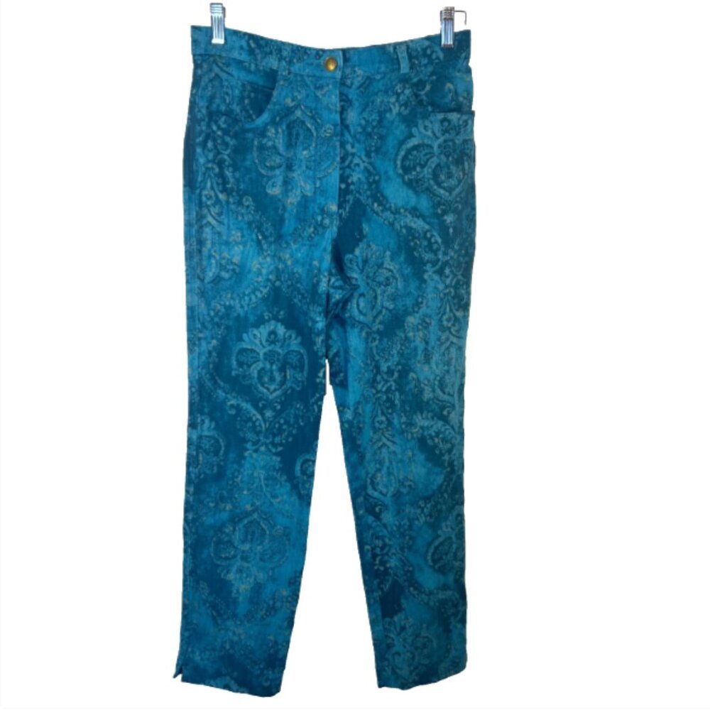 Olsen - Women's Size 10 Jeans Turquiose Gold Paisley Print 5-Pocket Zip Fly